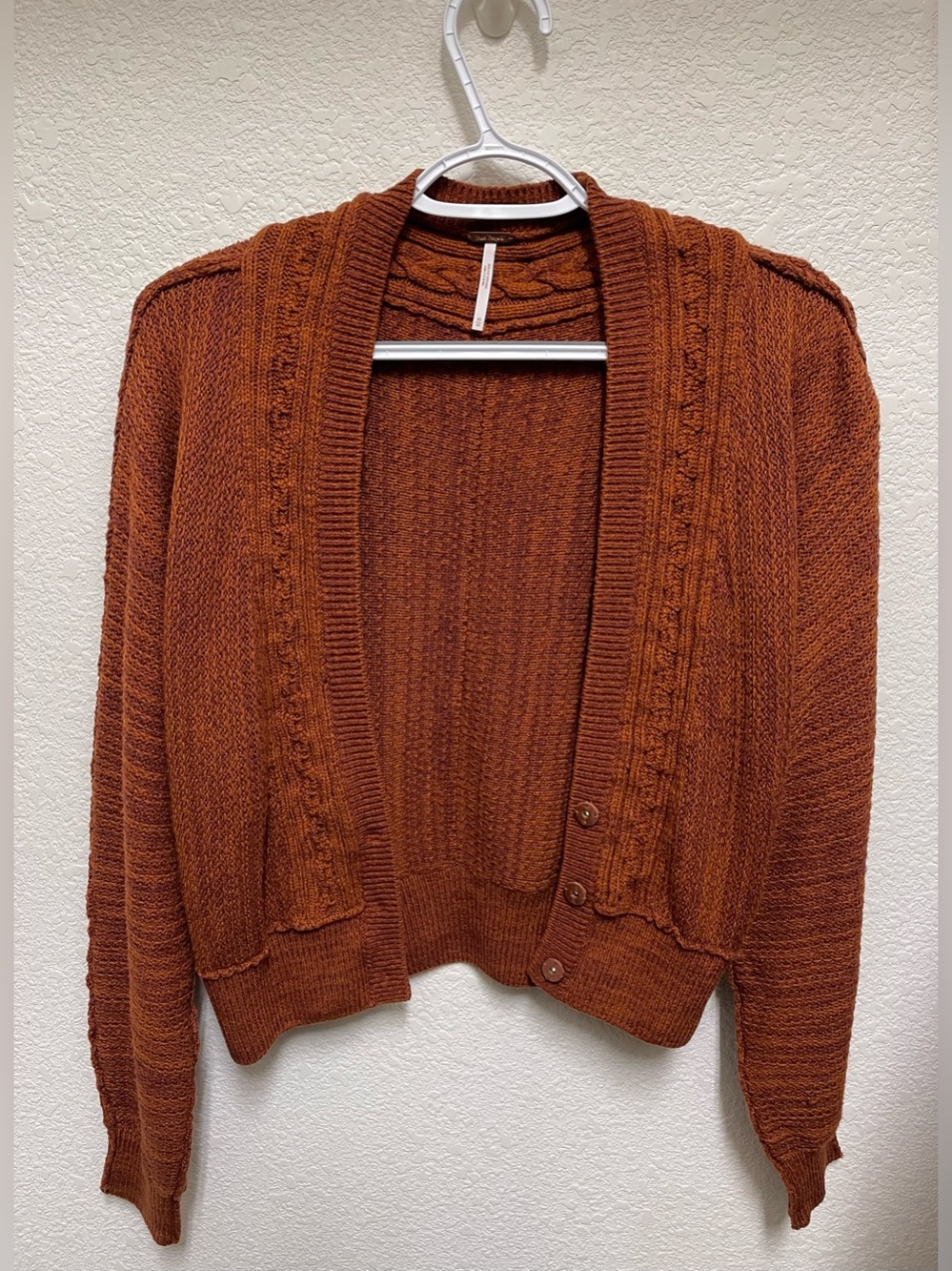 FREE PEOPLE Moon River Burnt Brown Cable Knit Open Front Cardigan Size M